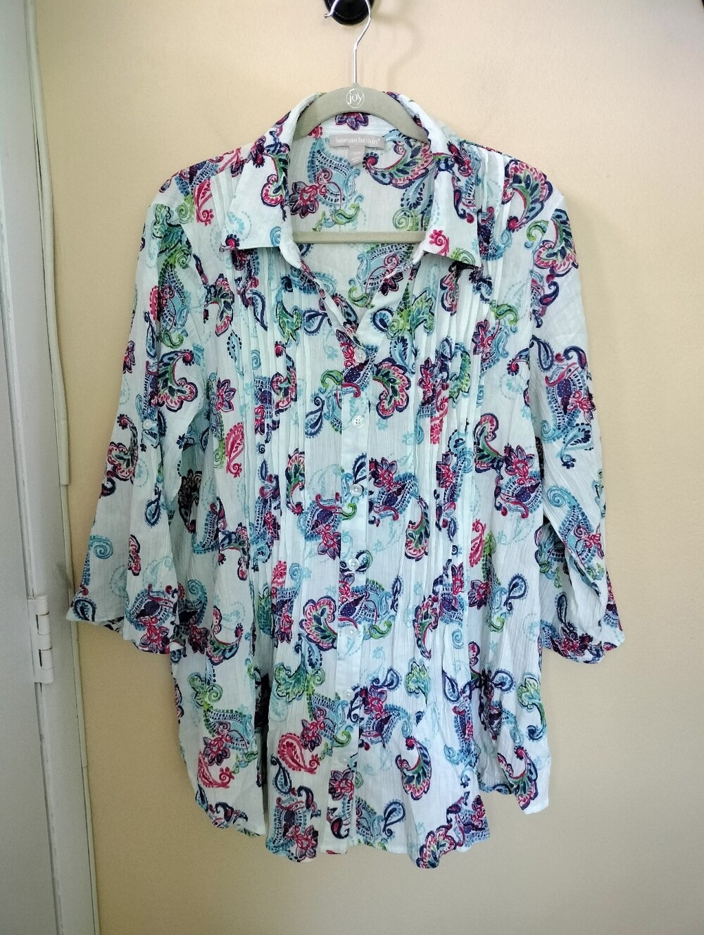 Women Within 18/20 Pintucked Button Up Cotton Gauze Paisley Shirt Vacation